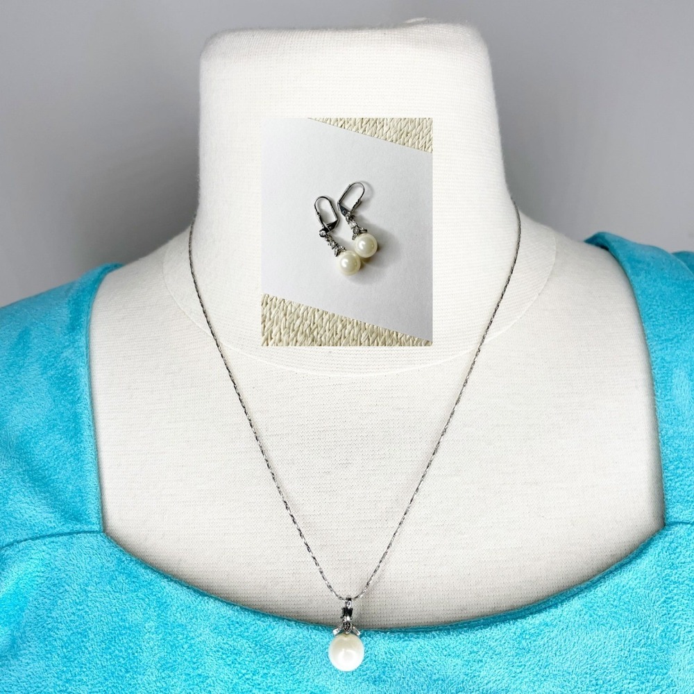 Y2K Rhinestone Pearl Drop Pendant Necklace & Earrings Set Silver Tone Glam